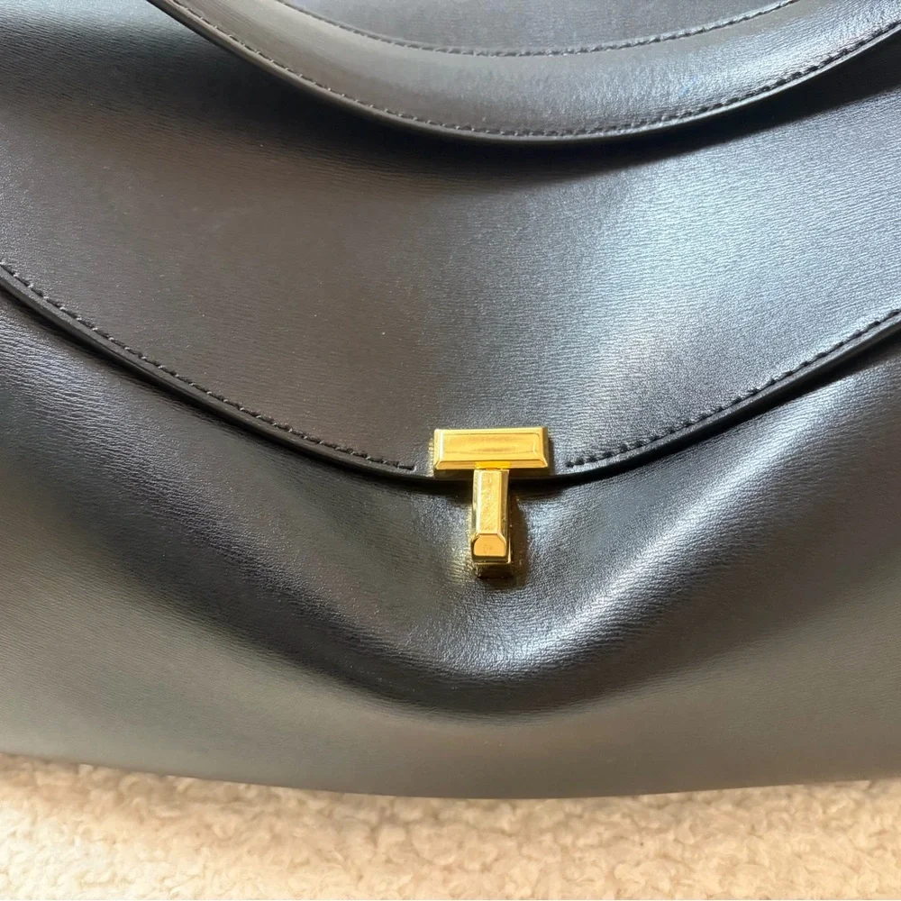 Toteme Black Leather T-Lock Shoulder Bag with Gold Hardware, with top handle
